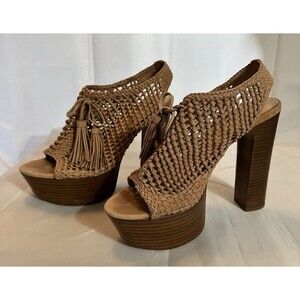 Pencey Alexus Leather Beige Woven Platform Heel Peep Toe Sexy Boho Shoes Size 8